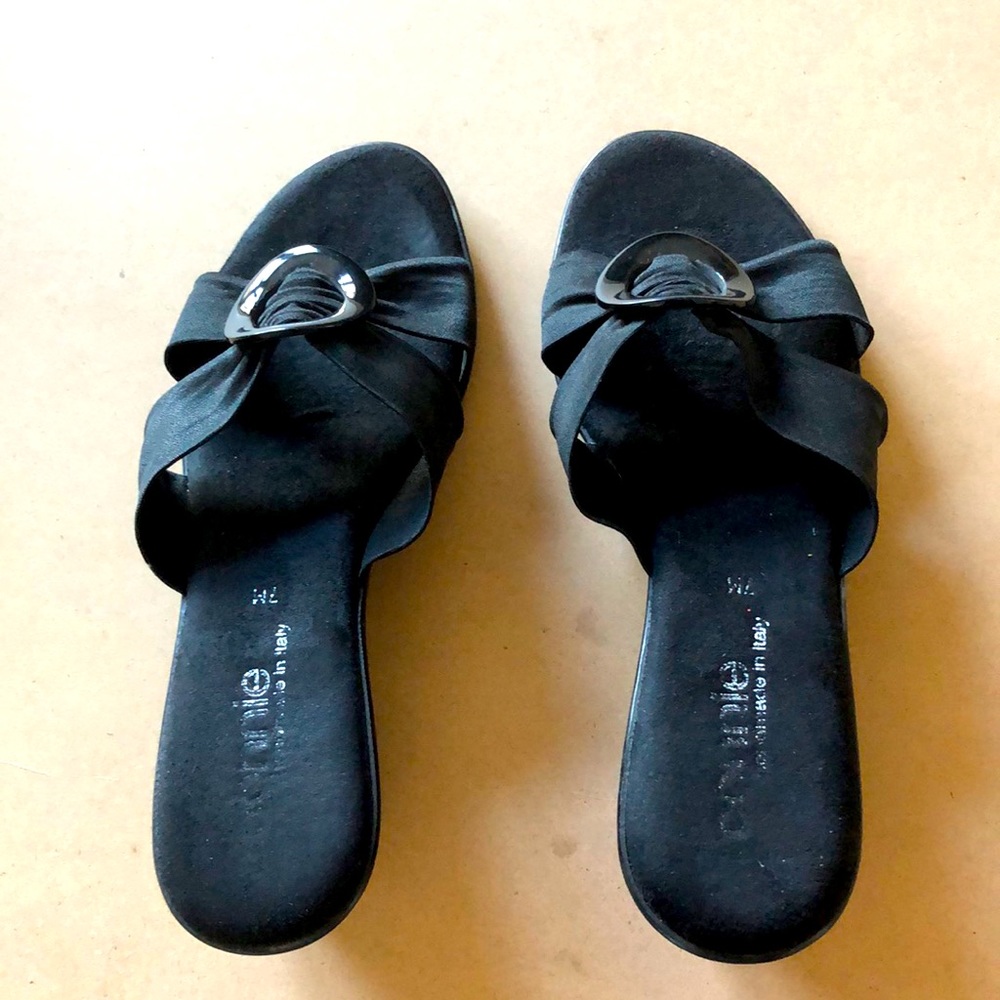 Black women’s Italian made sandals with wedge heals. Soft cloth material